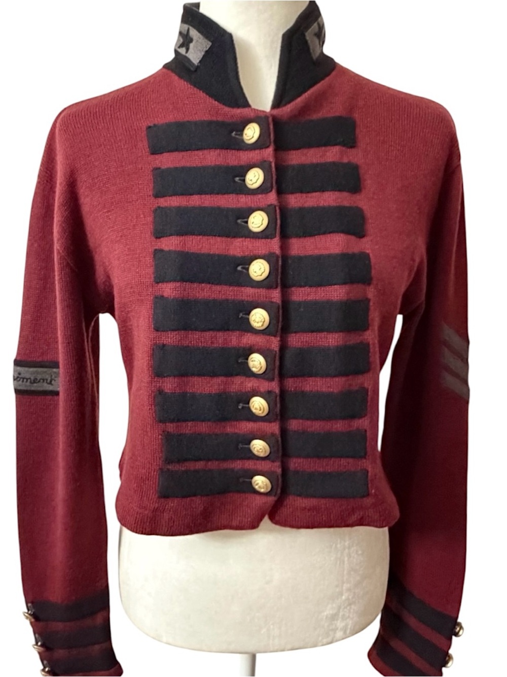 Vintage Claude Barthélémy Paris Military Hussar Knit Sweater Jacket Cropped Red